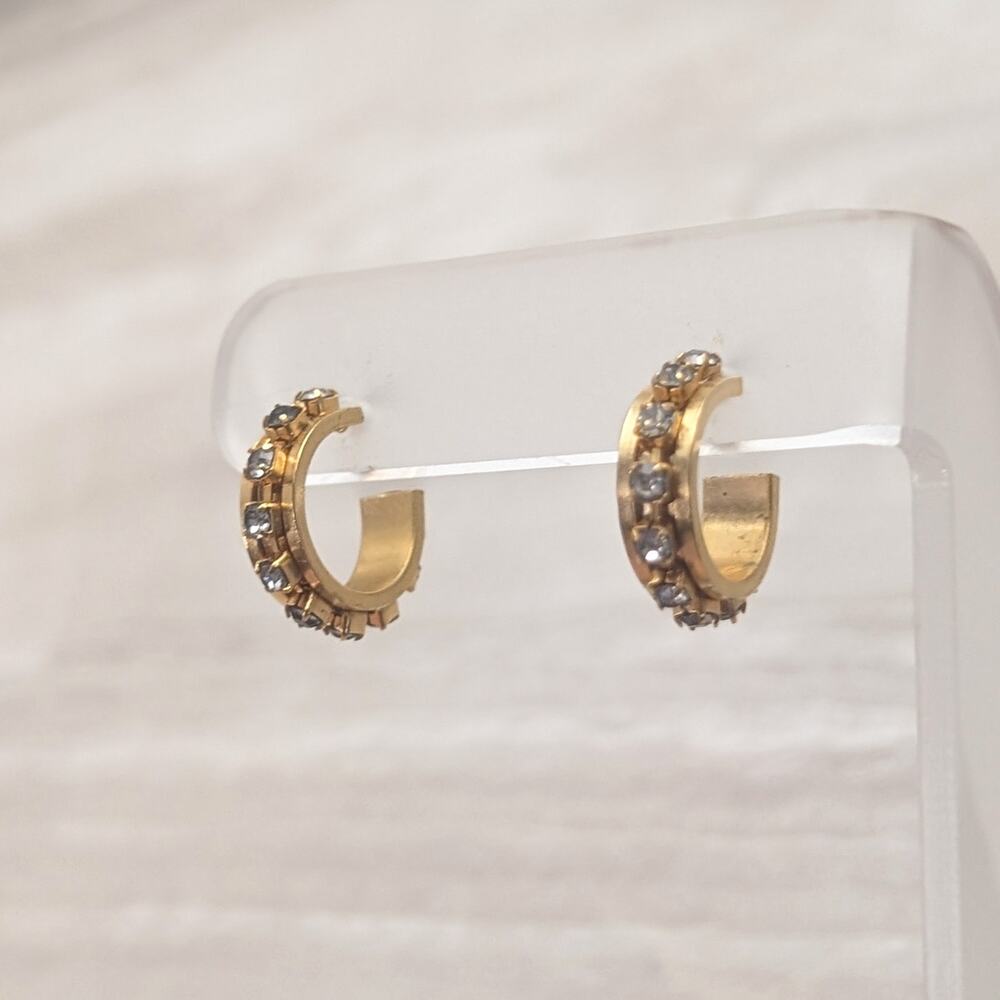 Vintage Stud Earrings Gold Tone Hoops with Clear Gems